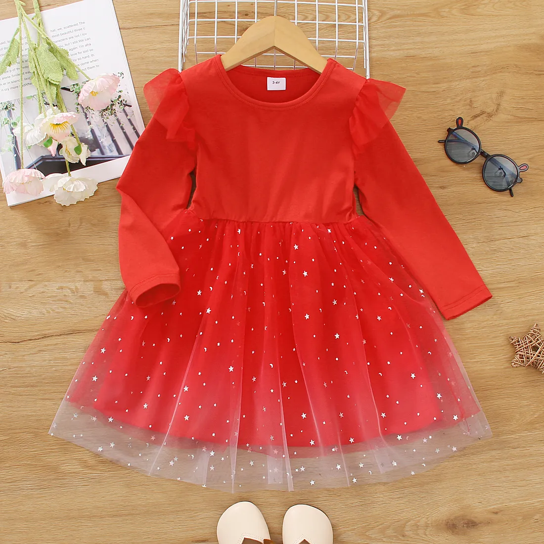 Toddler Girl Christmas Star Glitter Design Mesh Splice Red Dress Red big image 1