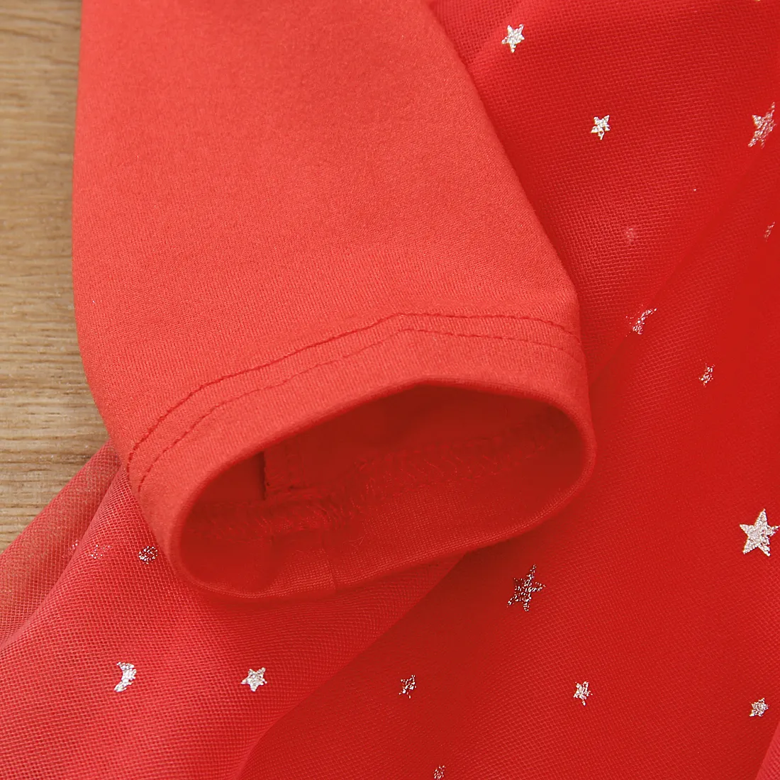 Toddler Girl Christmas Star Glitter Design Mesh Splice Red Dress Red big image 1