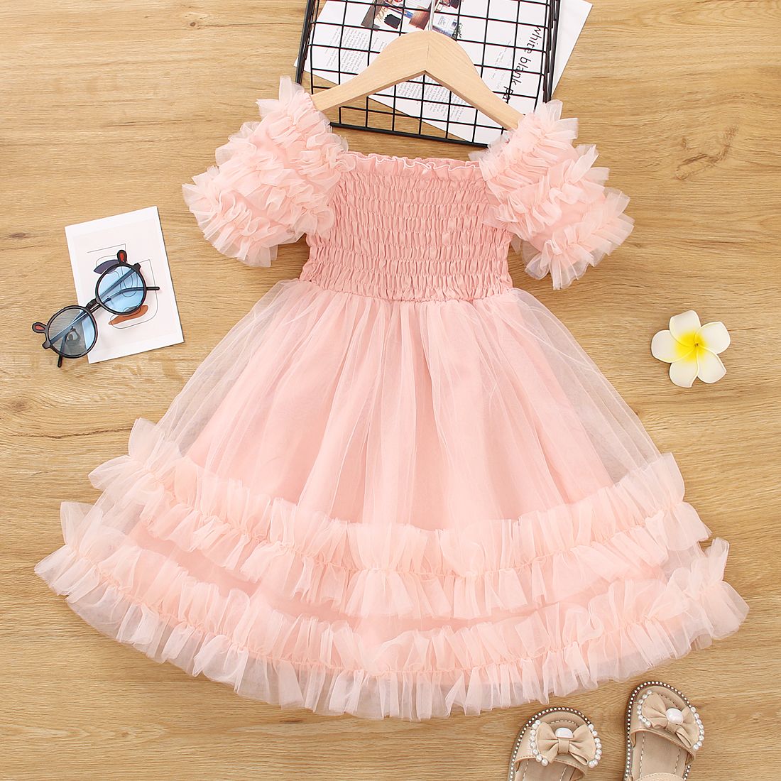 

Toddler Girl Sweet Square Neck Smocked Mesh Gather Pink Fairy Dress