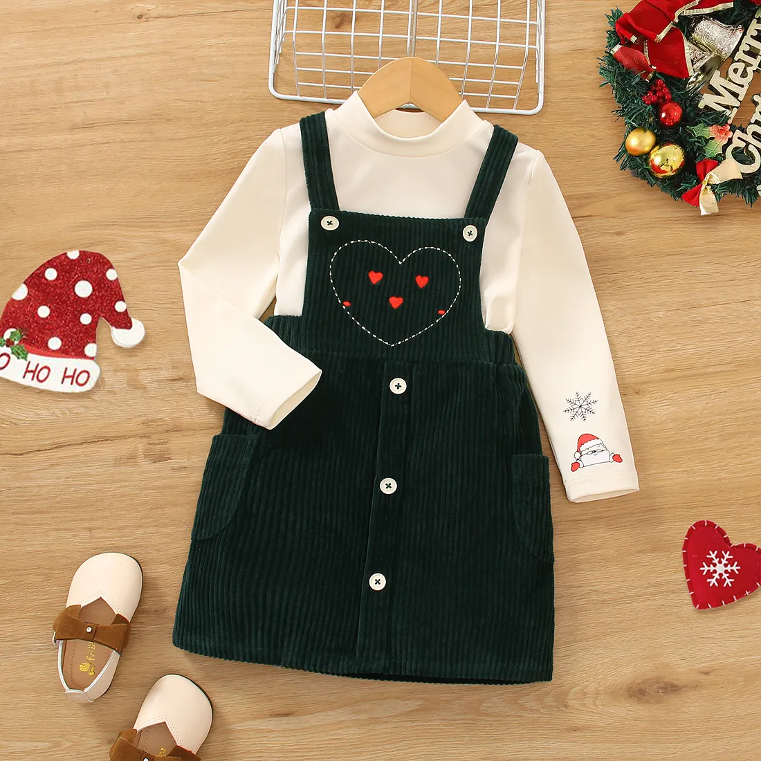 2pcs Toddler Girl Sweet Christmas Mock Neck Tee and Heart Pattern Overall Dress Set