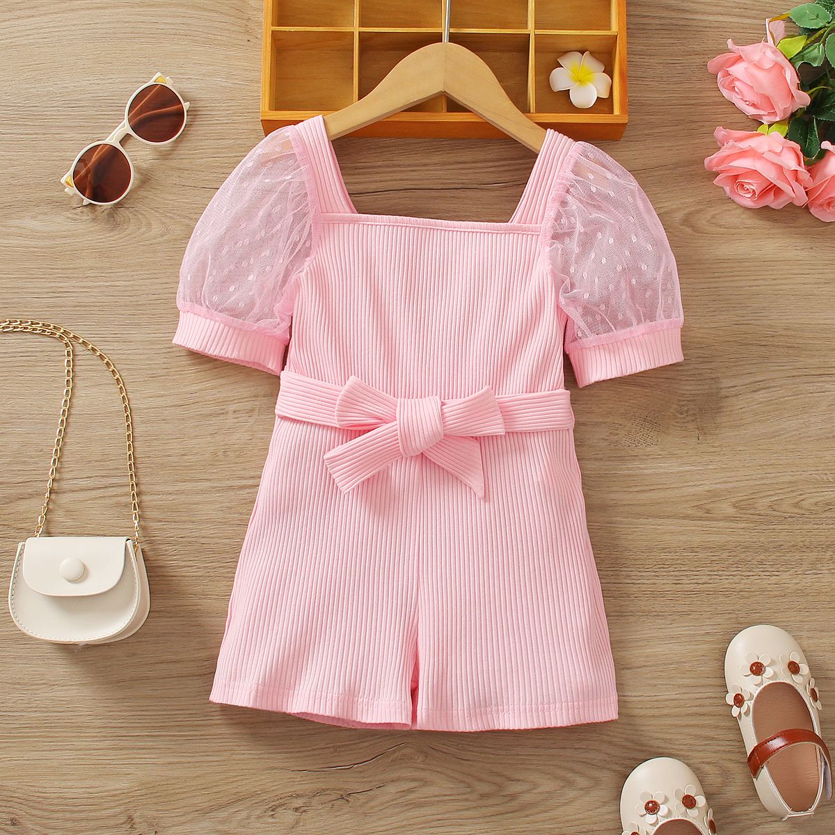 

Toddler Girl Trendy Ribbed Square Neck Mesh Sleeve Belted Cotton Rompers
