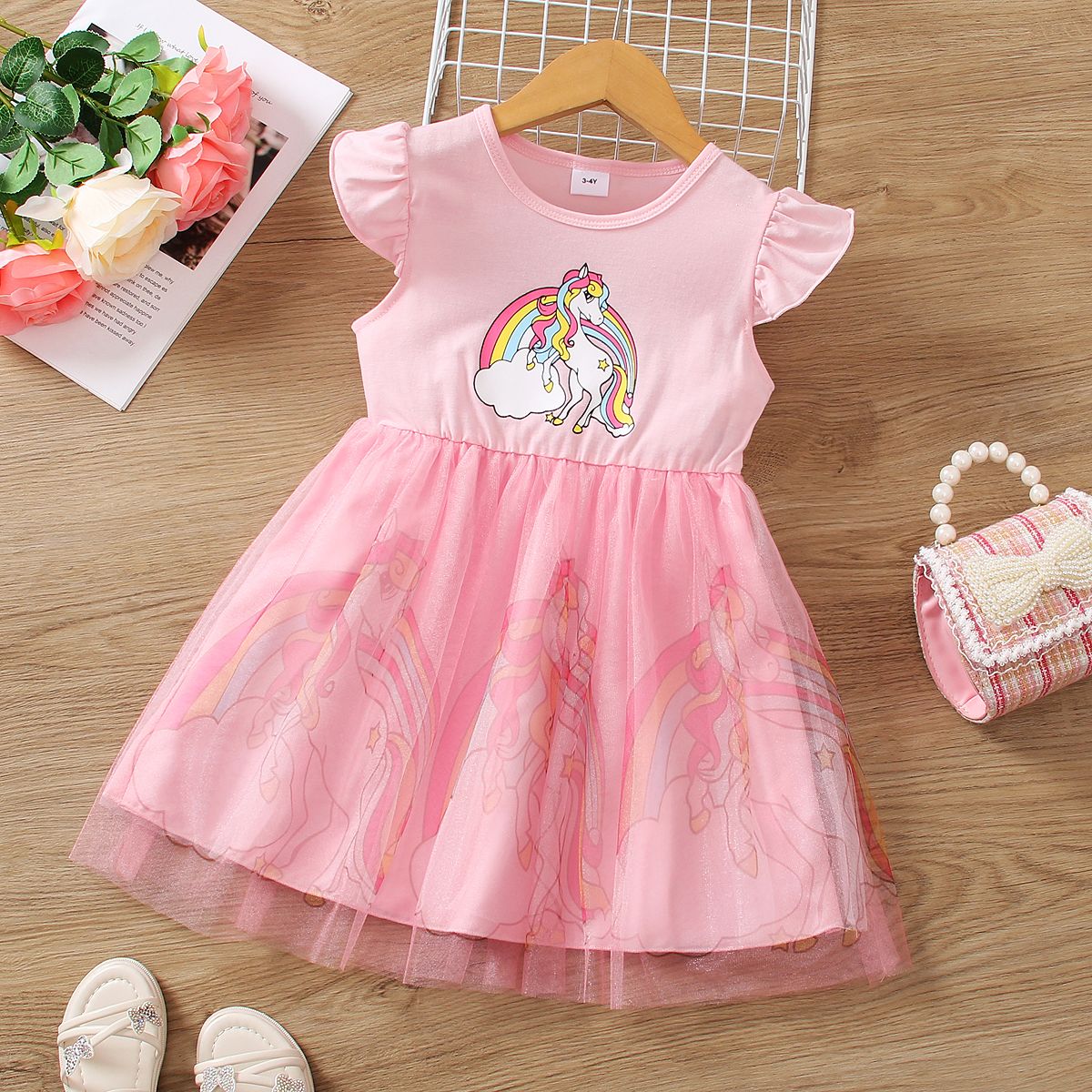 

Toddler Girl Playful Unicorn Print Mesh Splice Flutter-sleeve Dress