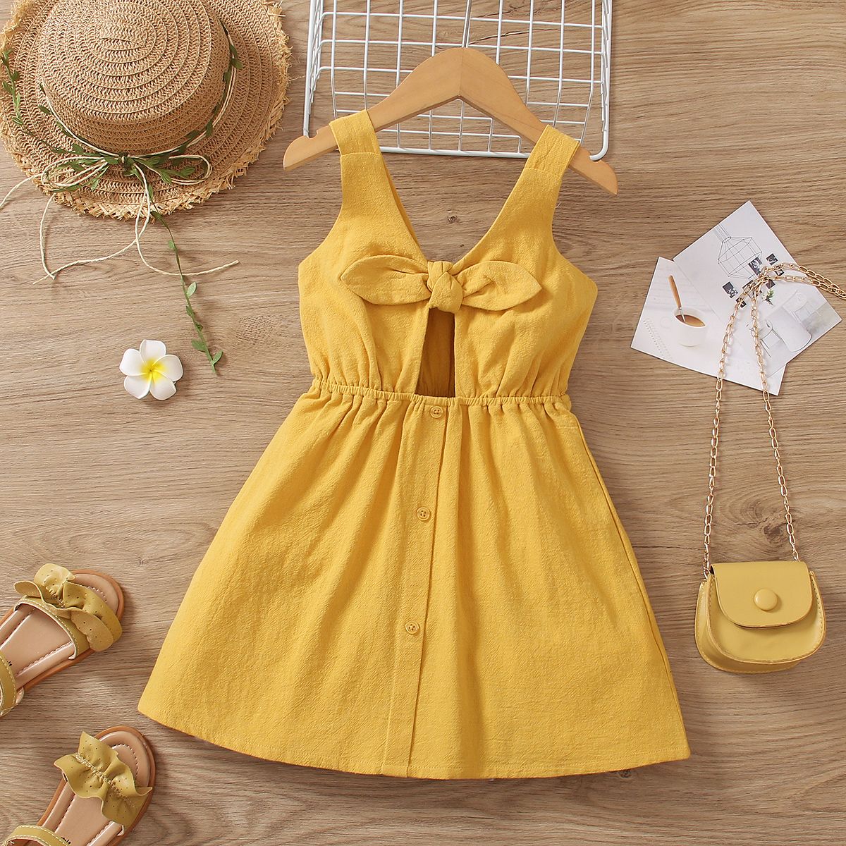 

Toddler Girl 100% Cotton Sweet Bow Front Cut Out Detail Tank Dress