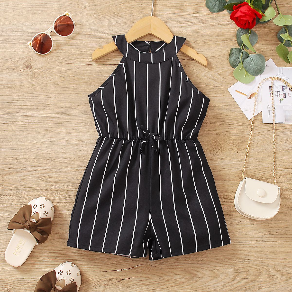 

Toddler Girl Sweet Stripe Bow Detail Halter Romper