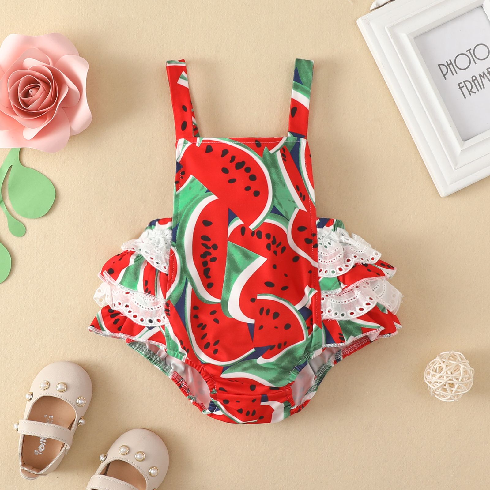 

Baby Girl All Over Red Watermelon Print Spaghetti Strap Layered Lace Ruffle Romper