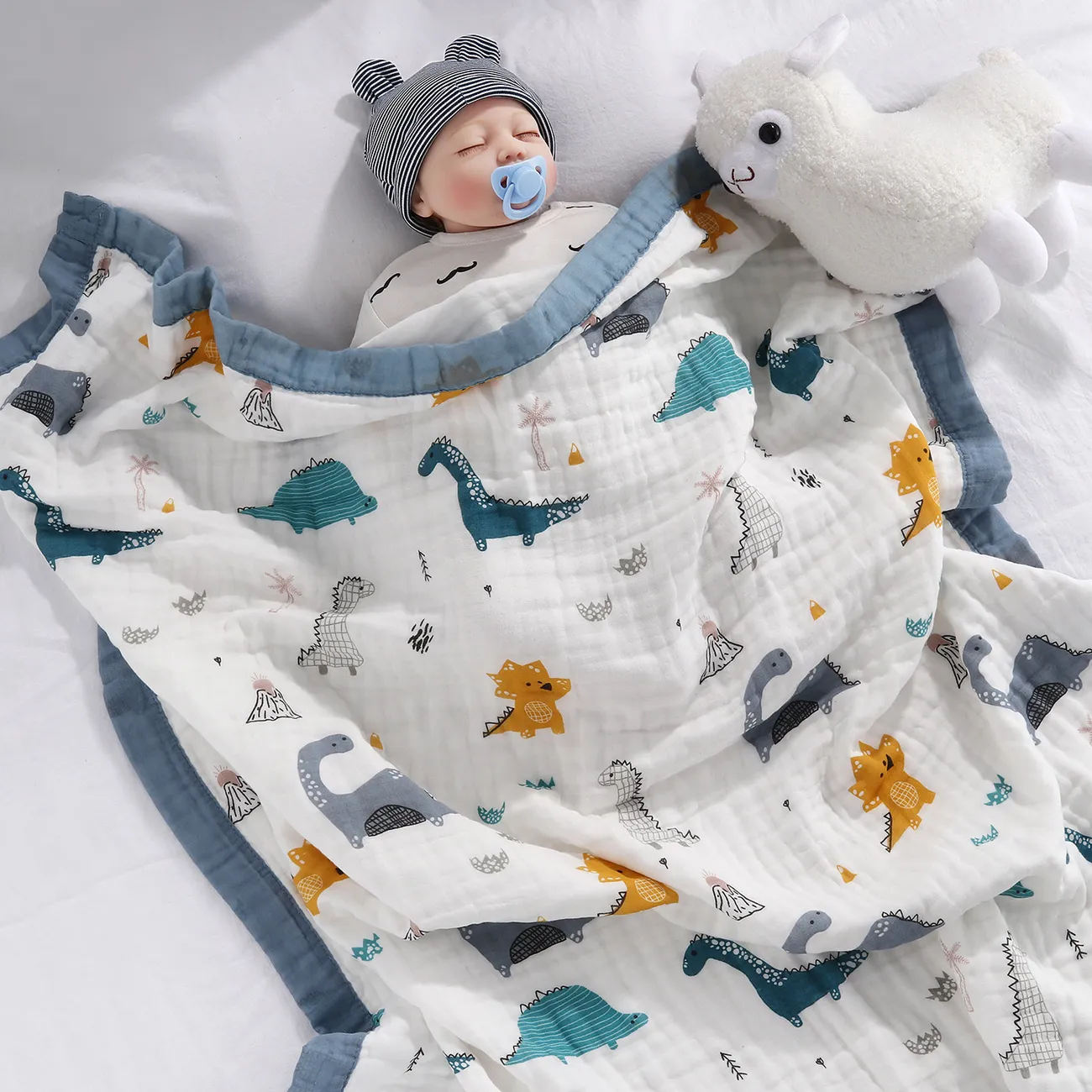 100% Cotton Cartoon Animal Dinosaur Pattern Baby Blankets 6-layer Cotton Gauze Soft Absorbent Newborn Swaddle Blanket Shower Wipes Bluish Grey big image 1