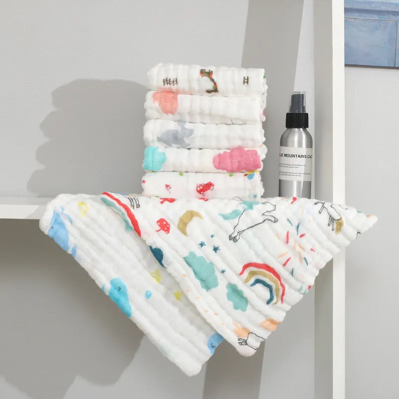 5-pack 100% Cotton Muslin Baby Washcloths Set Cartoon Animal Pattern 6 Layer Gauze Face Towels Saliva Towel  image 2