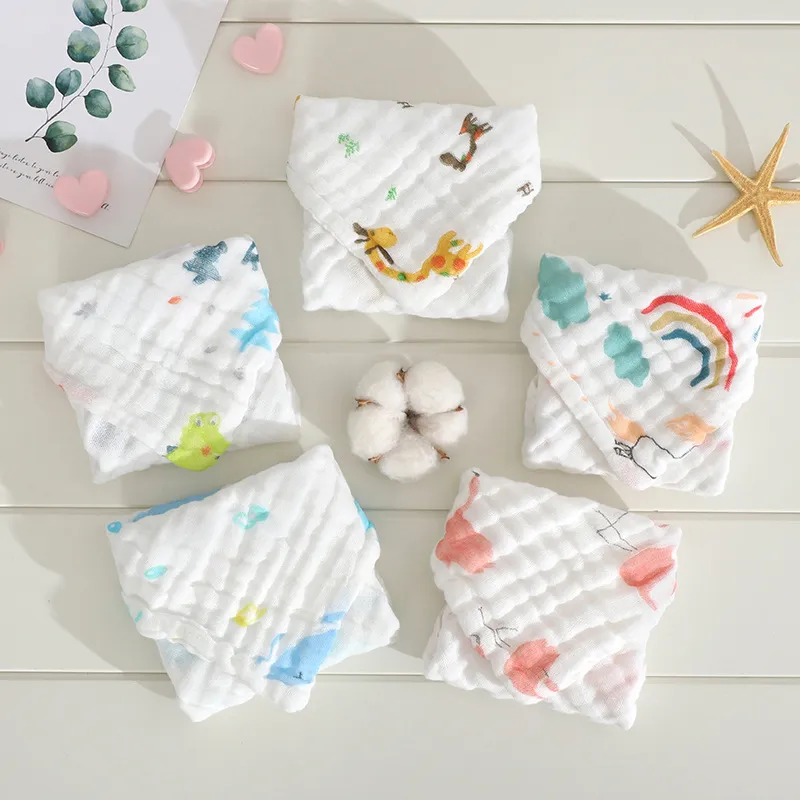 5-pack 100% Cotton Muslin Baby Washcloths Set Cartoon Animal Pattern 6 Layer Gauze Face Towels Saliva Towel  big image 2