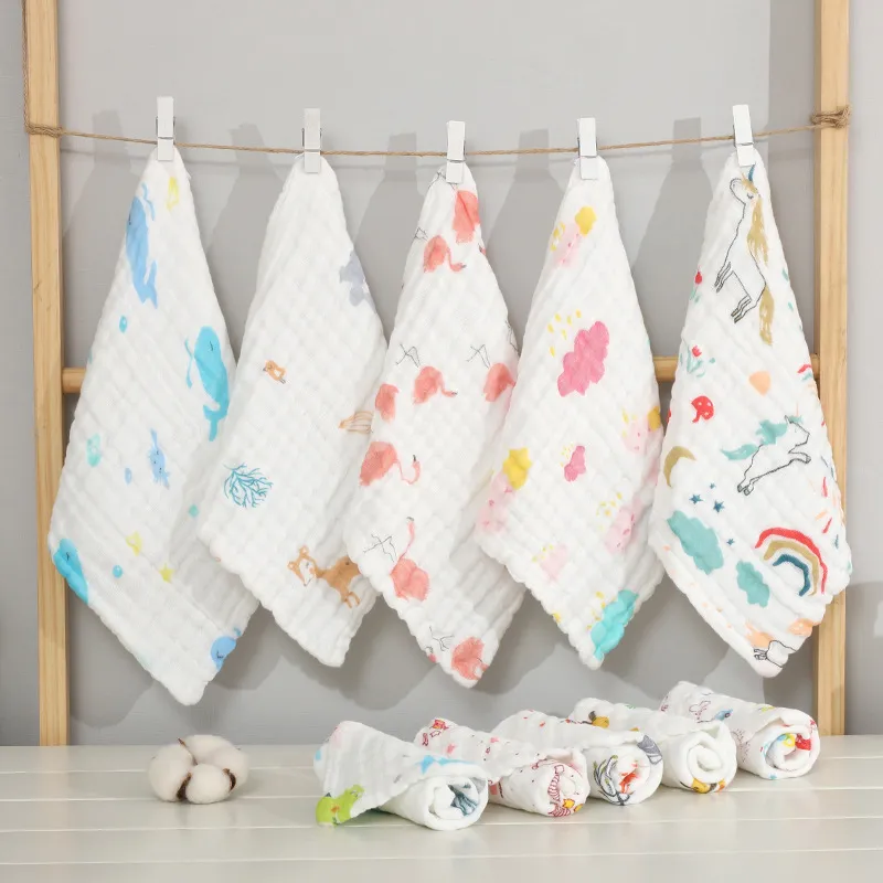 5-pack 100% Cotton Muslin Baby Washcloths Set Cartoon Animal Pattern 6 Layer Gauze Face Towels Saliva Towel  big image 3
