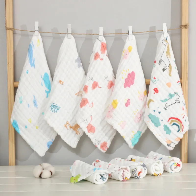 5-pack 100% Cotton Muslin Baby Washcloths Set Cartoon Animal Pattern 6 Layer Gauze Face Towels Saliva Towel big image 3