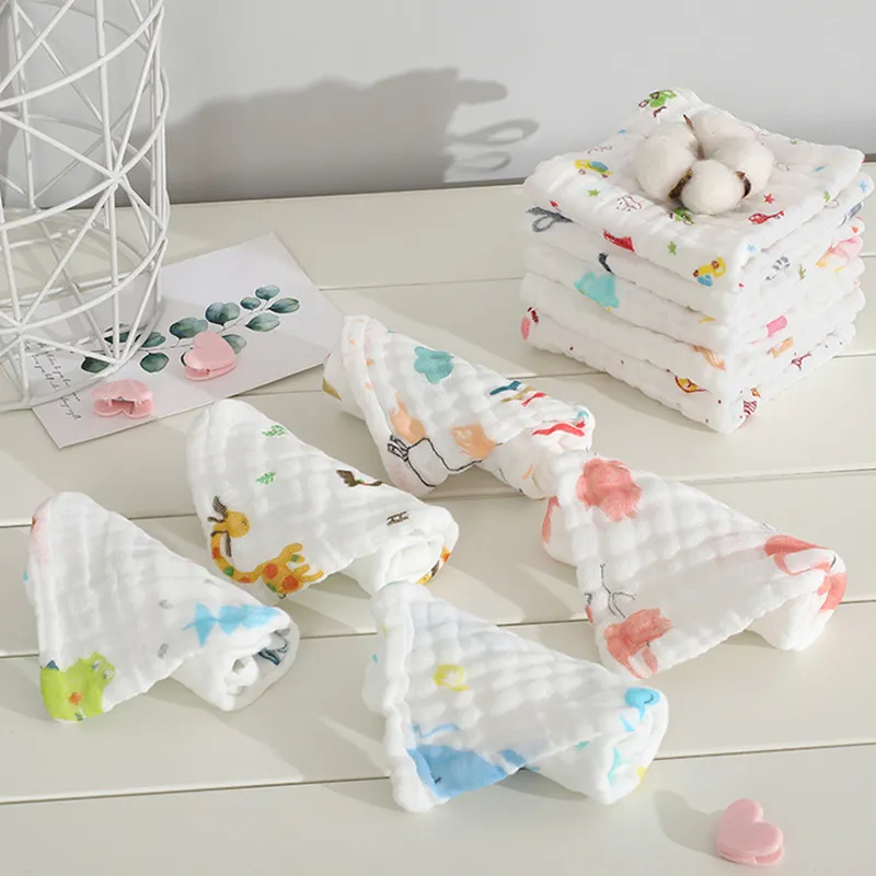 5-pack 100% Cotton Muslin Baby Washcloths Set Cartoon Animal Pattern 6 Layer Gauze Face Towels Saliva Towel big image 8