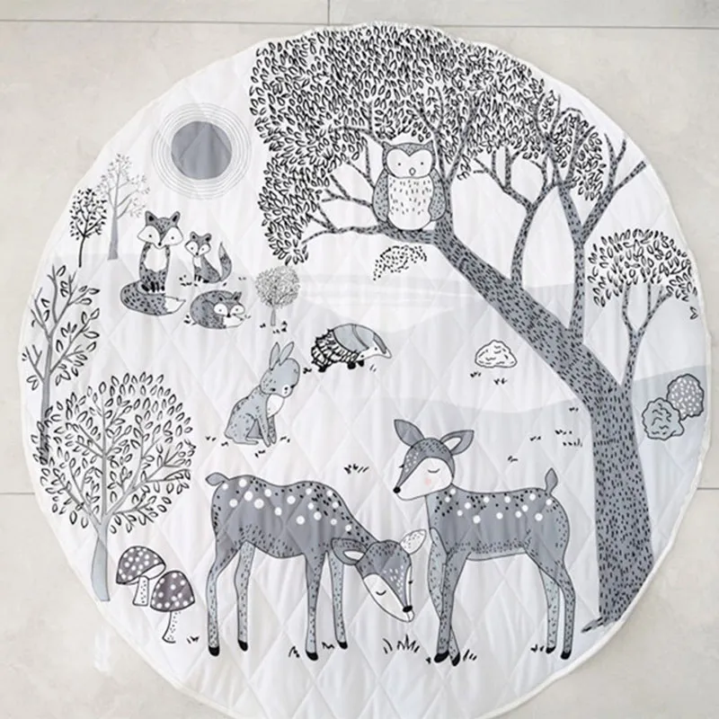卡通森林鹿動物嬰兒遊戲墊新生兒爬行毯棉圓形地板地毯 灰色 big image 1