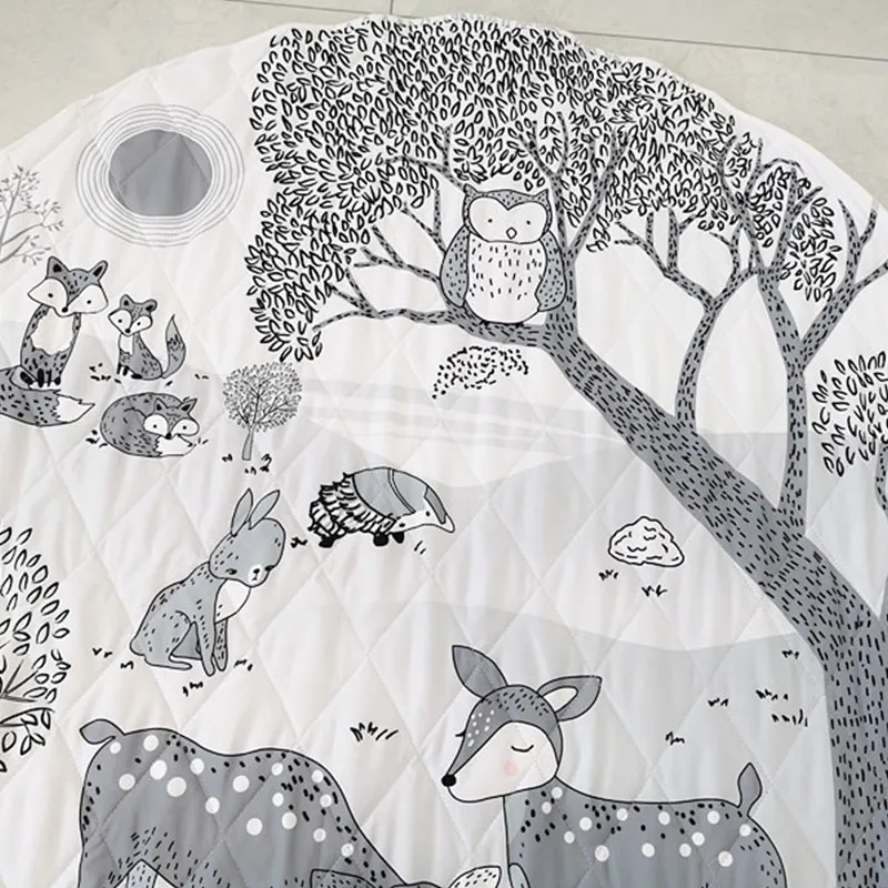 Cartoon Forest Deer Animal Baby Play Mats Newborn Infant Crawling Blanket Cotton Round Floor Carpet Grey big image 1