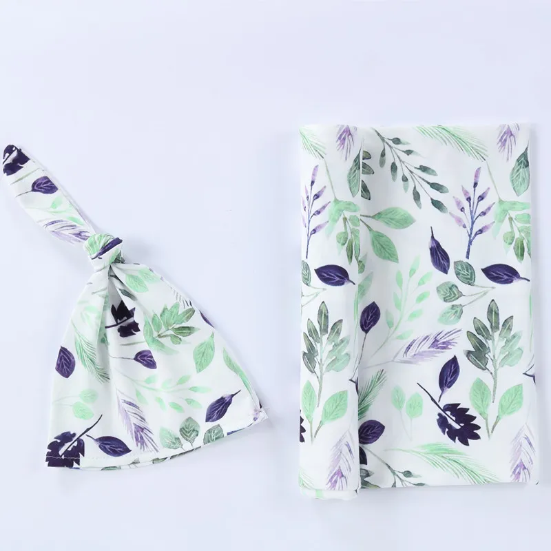 2pcs 100% Cotton Newborn Baby Wearable Blankets & Top Knot Beanie Hat Set