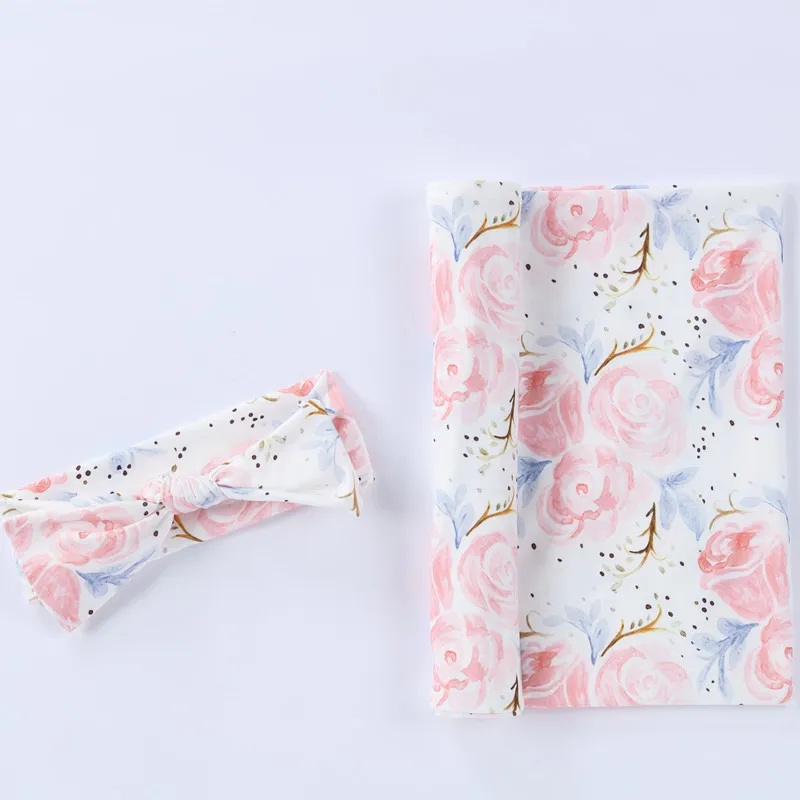 2pcs 100% Cotton Newborn Baby Wearable Blankets & Top Knot Beanie Hat Set Light Pink
