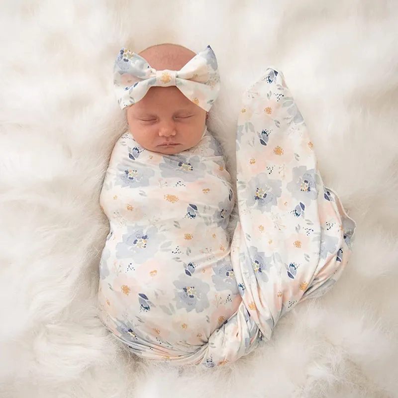 2pcs 100% Cotton Newborn Baby Wearable Blankets & Top Knot Beanie Hat Set Pale Green image 2