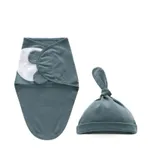 قطعتان 100٪ قطن ناعم يسمح بمرور الهواء لحديثي الولادة بطانية قماط وأعلى عقدة قبعة صغيرة أخضر غامق