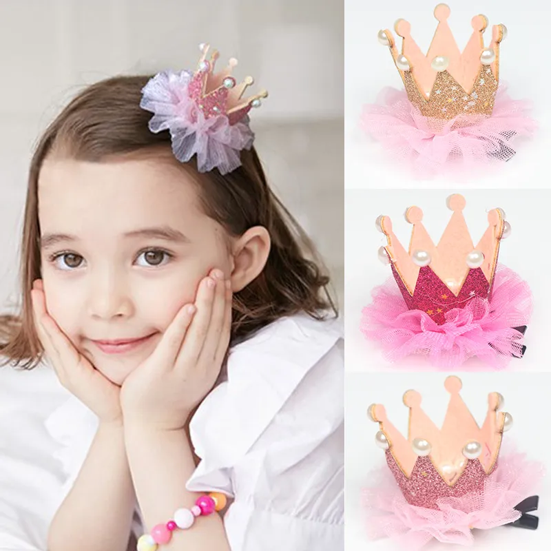 Faux Pearls Sequin Crown Lace Hair Clip for Girls Gold big image 1