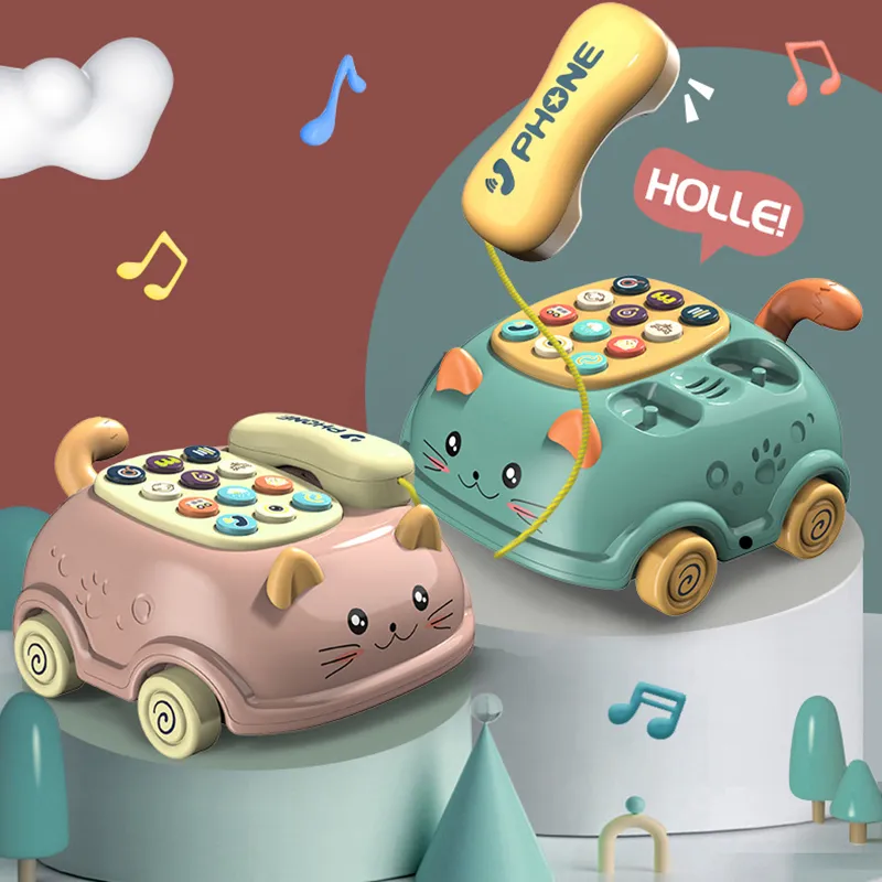 brinquedo de telefone infantil educação infantil brinquedo de música leve emulado brinquedo de telefone montessori simulado arrastar linha fixa Rosa big image 1