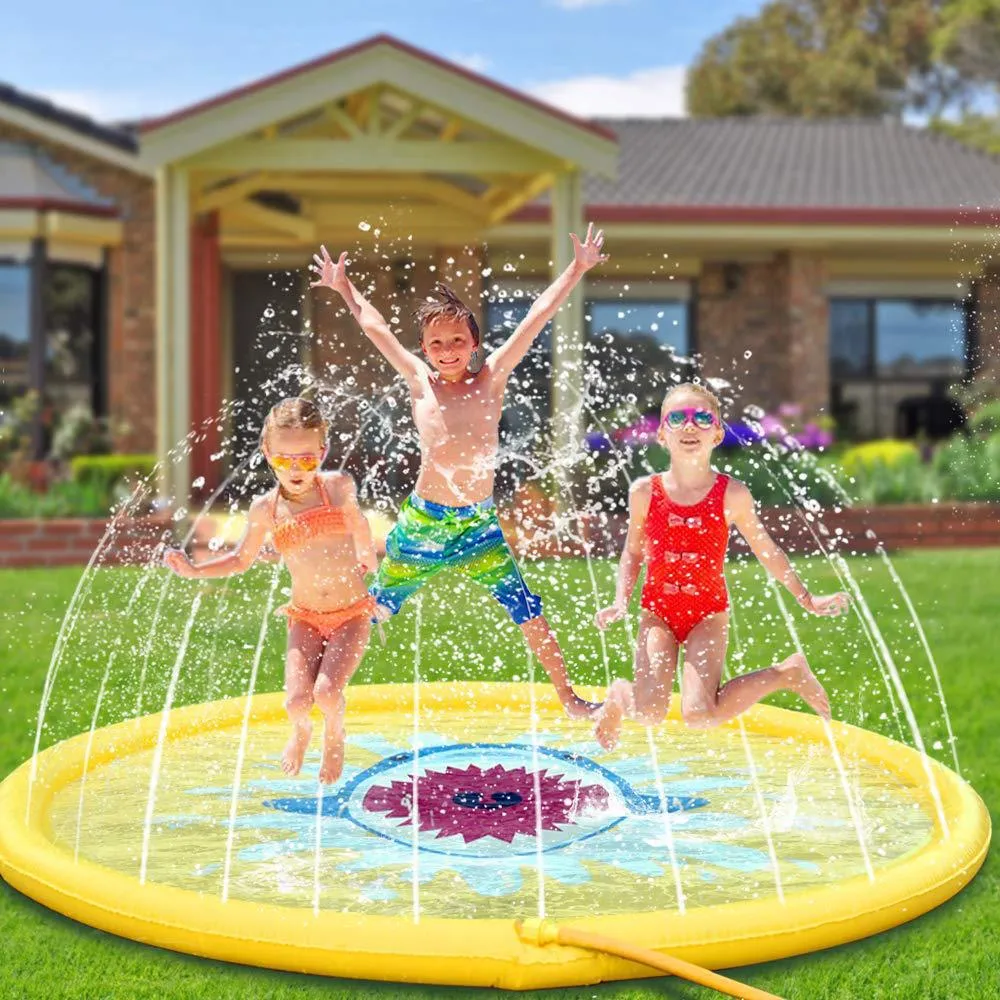 Sprinkler- und Splash-Pad-Spielmatte, faltbare tragbare Outdoor-Sprinkler-Pad-Wasserspielzeug gelb big image 1