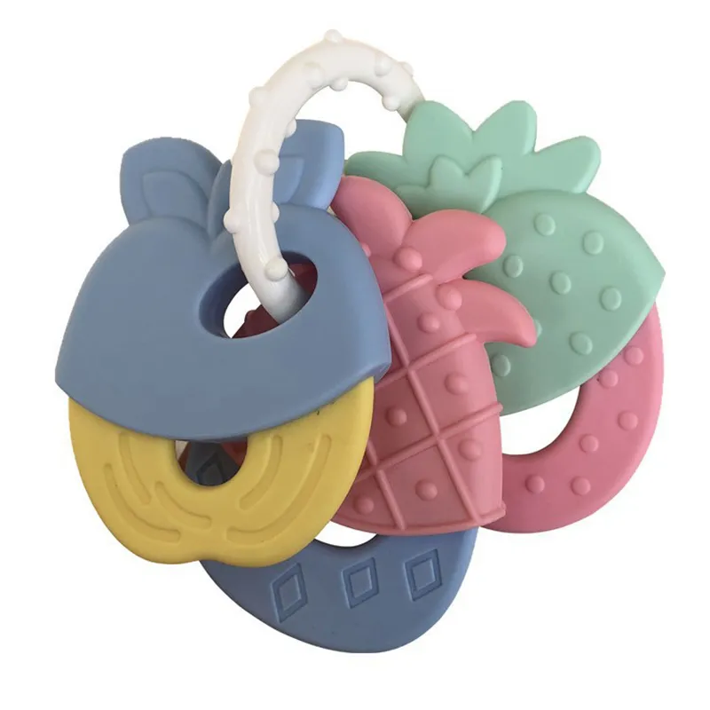 嬰兒牙膠水果形狀嬰兒牙膠帶撥浪鼓嬰兒出牙玩具 粉色 big image 1