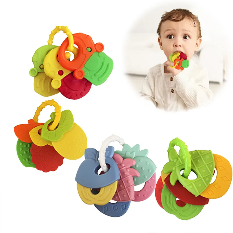 Mordedor para bebé con forma de fruta, mordedor para bebé con sonajero, juguetes para la dentición infantil Rosado big image 1