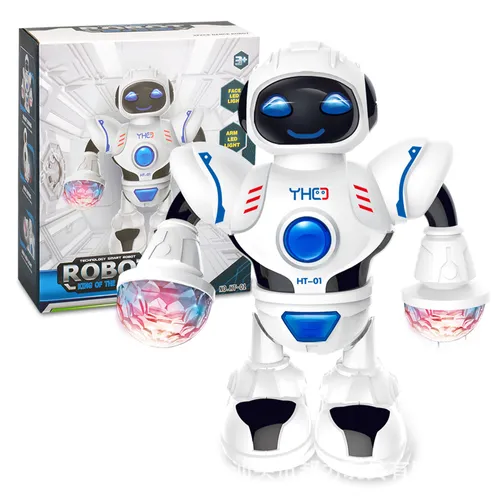 robô dançando brinquedos de robô andando no espaço com luzes led piscando e música