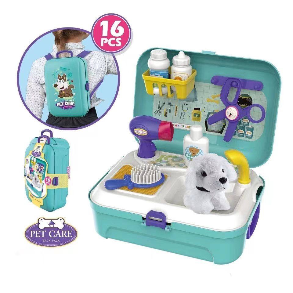 16Pcs Pet Care Play Set Kids Vet Backpack Play Set Vet Puppy Dog Grooming Toys Role Play Set