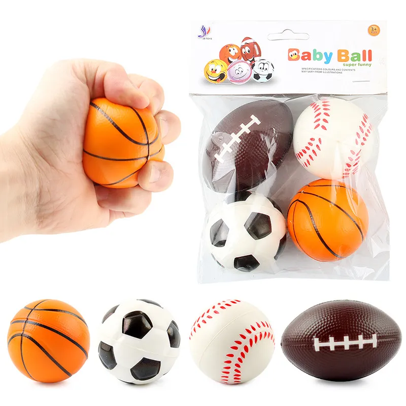 

4Pcs Sports Stress Foam Balls Squeeze Ball Toy Set Includes Basketball Football Baseball and Soccer Squeezable Anxiety Relief Balls