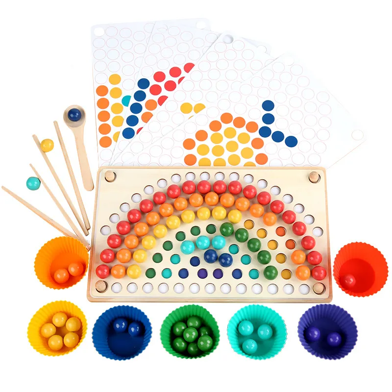 Wooden Peg Board Beads Game Rainbow Clip Bead Puzzle Color Sorting Counting Matching Game Beads Fine