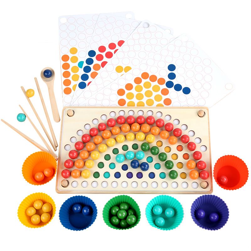 Wooden Peg Board Beads Game Rainbow Clip Bead Puzzle Color Sorting