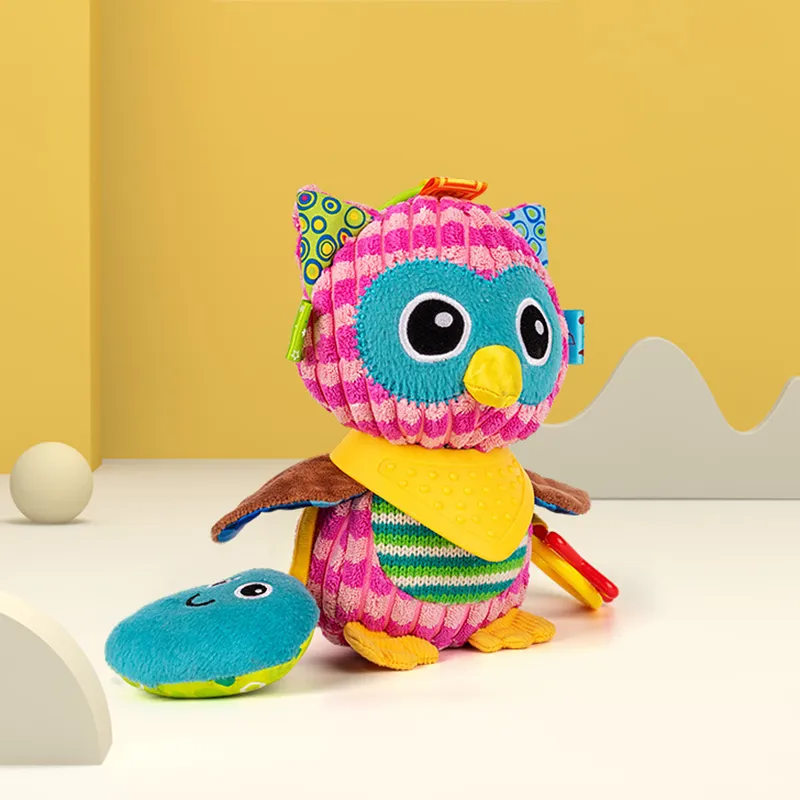 Baby Plush Animal Rattle Doll Car Seat Stroller Crib Soothing Toys with Teether and Sound Paper Pink