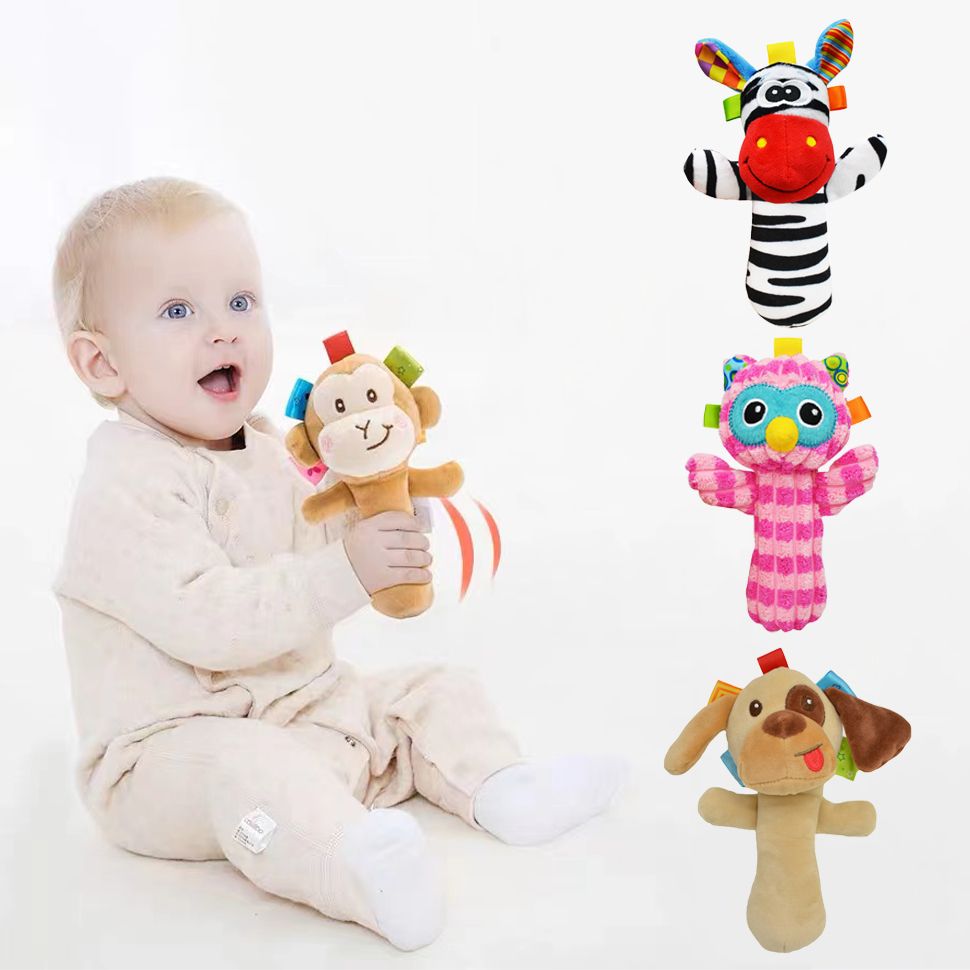 嬰兒毛絨撥浪鼓玩具柔軟舒適填充動物手撥浪鼓發育手握玩具