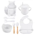 8Pcs Silicone Baby Feeding Tableware Set Includes Suction Bowl & Divided Plates & Adjustable Bib & Straw Sippy Cup with Lid & Forks & Spoons  image 2