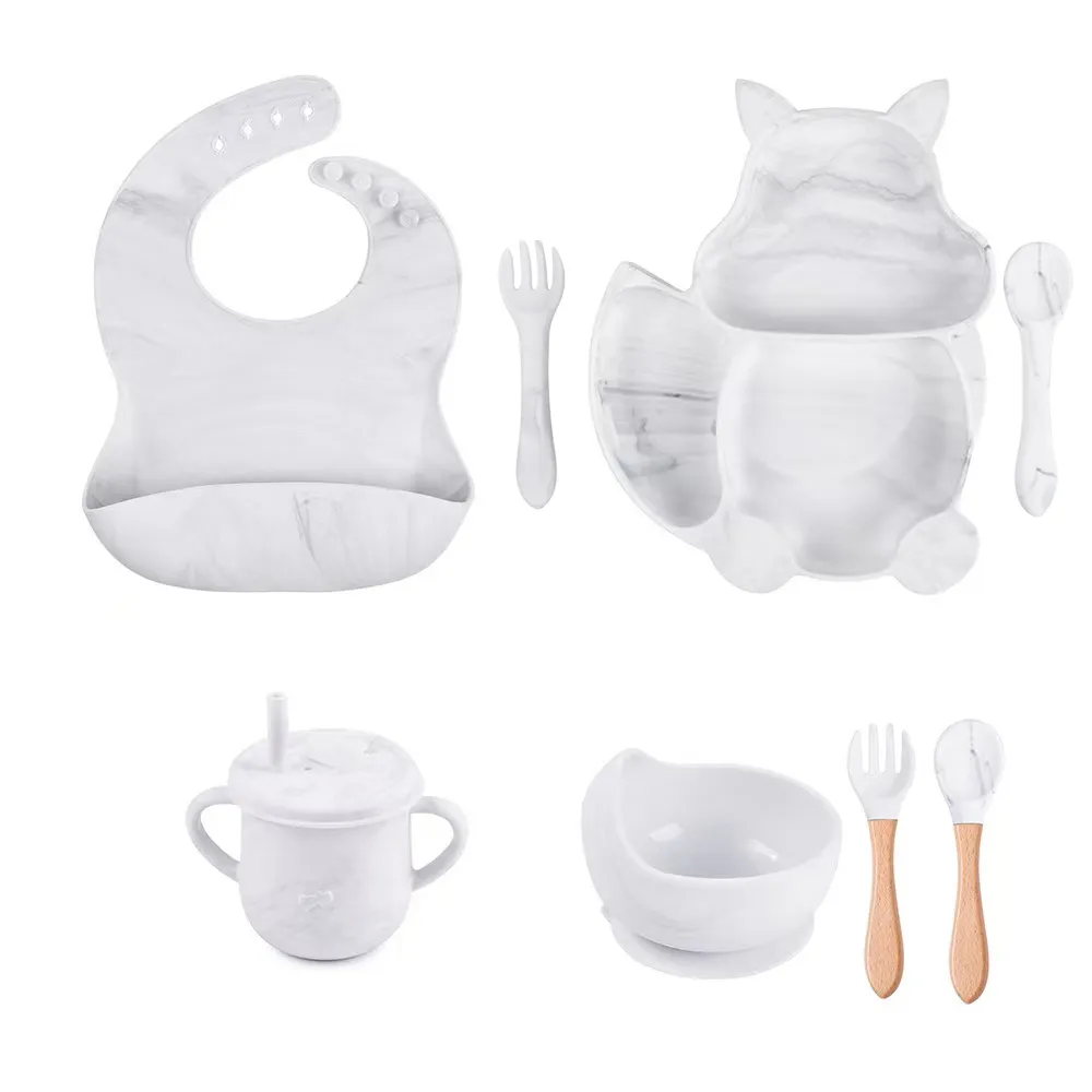 8Pcs Silicone Baby Feeding Tableware Set Includes Suction Bowl & Divided Plates & Adjustable Bib & Straw Sippy Cup with Lid & Forks & Spoons White big image 1
