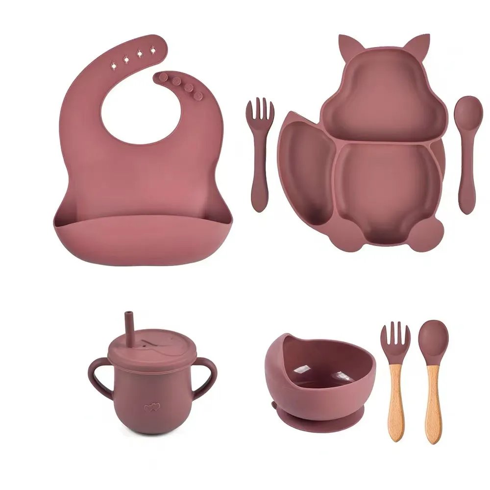 8Pcs Silicone Baby Feeding Tableware Set Includes Suction Bowl & Divided Plates & Adjustable Bib & Straw Sippy Cup with Lid & Forks & Spoons