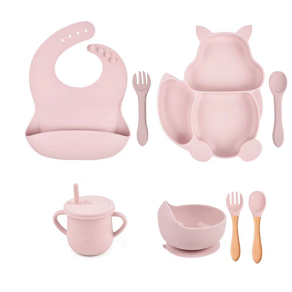 8Pcs Silicone Baby Feeding Tableware Set Includes Suction Bowl & Divided Plates & Adjustable Bib & S