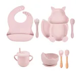 8Pcs Silicone Baby Feeding Tableware Set Includes Suction Bowl & Divided Plates & Adjustable Bib & Straw Sippy Cup with Lid & Forks & Spoons Color-F