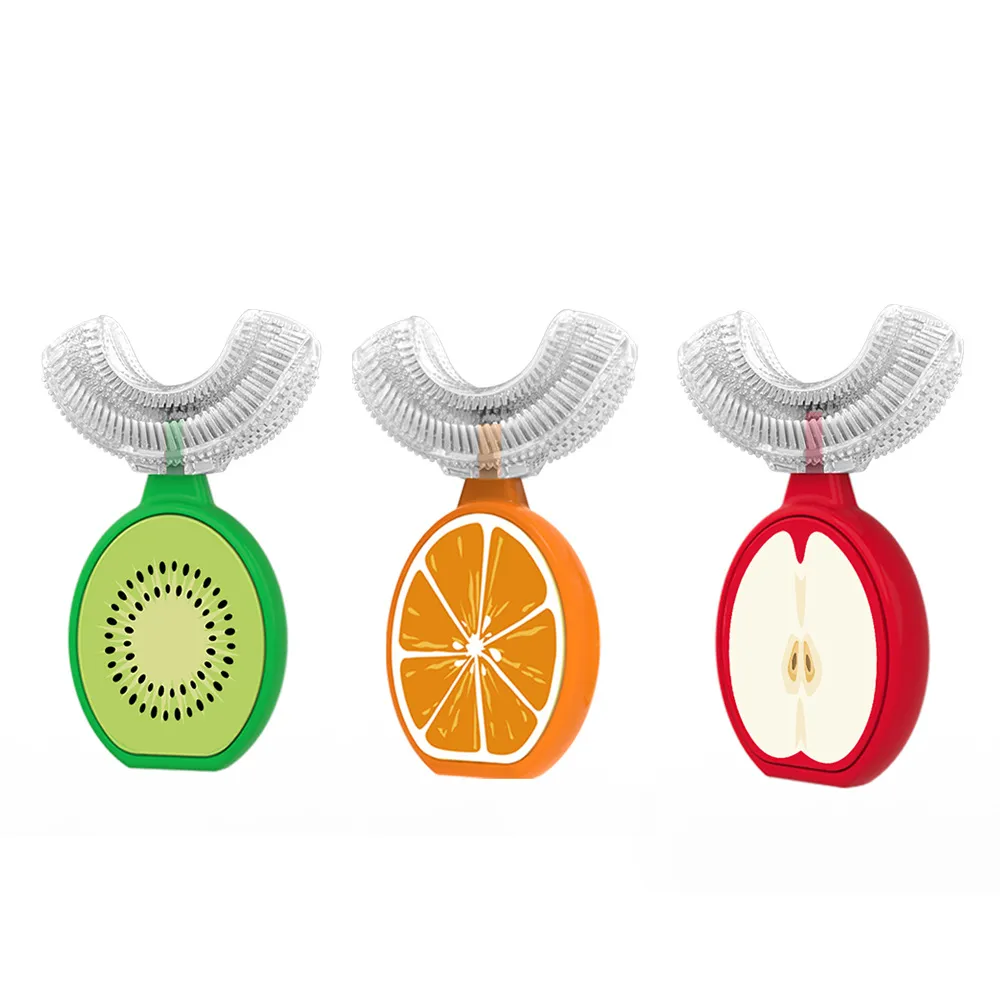 Kids U Shaped Silicone Head Whitening Massage Toothbrush Fruit-Type Toothbrush Whole Mouth Toothbrush with Handle for Kids Green image 2