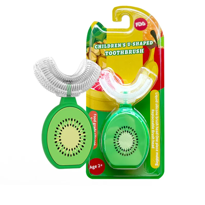 Kids U Shaped Silicone Head Whitening Massage Toothbrush Fruit-Type Toothbrush Whole Mouth Toothbrush with Handle for Kids Green big image 1