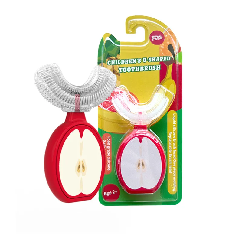 Kids U Shaped Silicone Head Whitening Massage Toothbrush Fruit-Type Toothbrush Whole Mouth Toothbrush with Handle for Kids Red