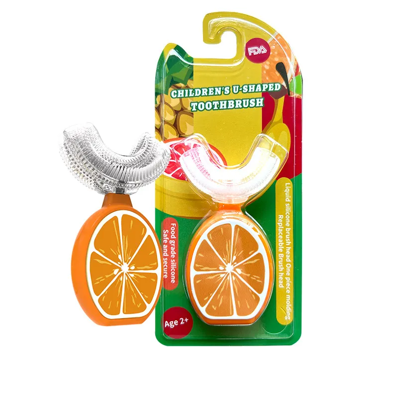 Kids U Shaped Silicone Head Whitening Massage Toothbrush Fruit-Type Toothbrush Whole Mouth Toothbrush with Handle for Kids Orange