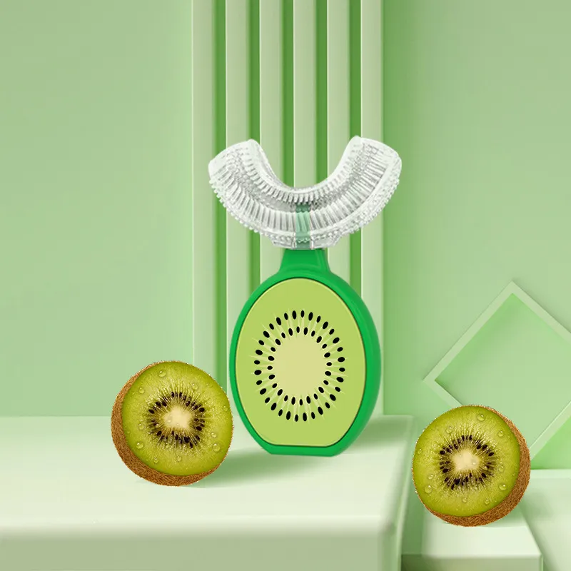 Kids U Shaped Silicone Head Whitening Massage Toothbrush Fruit-Type Toothbrush Whole Mouth Toothbrush with Handle for Kids Green image 3