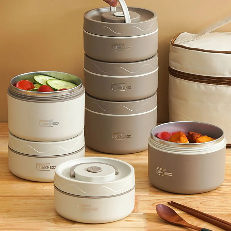 2-Tier Cylinder Lunch Box For Adults, Keep Warm Thermal Food Container, 304 Stainless Steel Stackable Lunch Container With Insulated Bag Microwave Safe big image 3