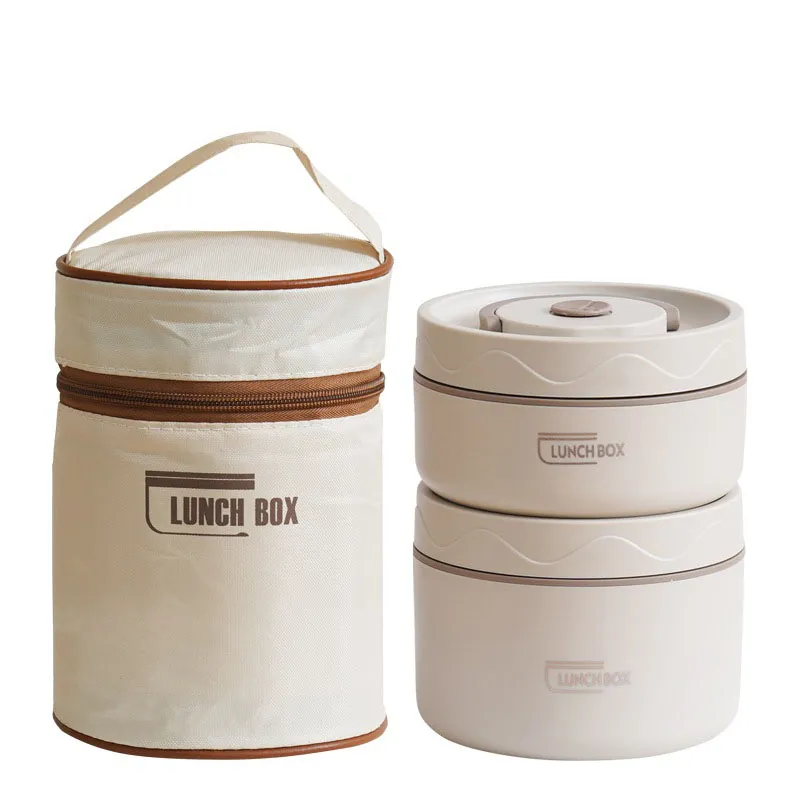 2-Tier Cilindro Lunch Box para adultos, manter quente recipiente térmico de alimentos, 304 aço inoxidável empilhável recipiente de almoço com saco isolado micro-ondas seguro  big image 1