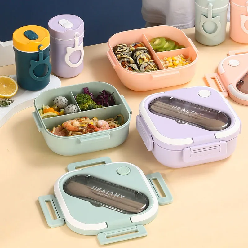 Square Bento Box with Compartments Portable Lunch Box with Handle Leakproof Salad Lunch Containers with Cutlery Work Picnic Travel (with Soup Cup, Microwave Freezer Available)  big image 5
