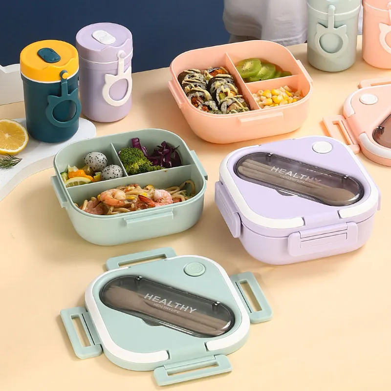 Square Bento Box with Compartments Portable Lunch Box with Handle Leakproof Salad Lunch Containers with Cutlery Work Picnic Travel (with Soup Cup, Microwave Freezer Available) big image 5