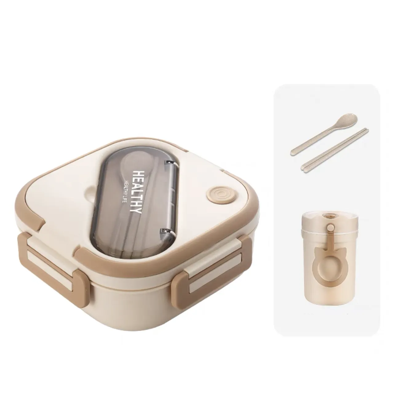 Square Bento Box with Compartments Portable Lunch Box with Handle Leakproof Salad Lunch Containers with Cutlery Work Picnic Travel (with Soup Cup, Microwave Freezer Available) Beige
