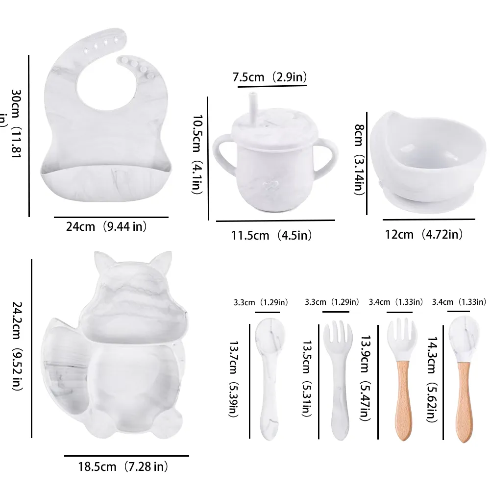 8Pcs Silicone Baby Feeding Tableware Set Includes Suction Bowl & Divided Plates & Adjustable Bib & Straw Sippy Cup with Lid & Forks & Spoons big image 5