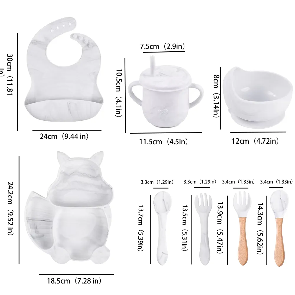 8-teiliges Silikon-Geschirrset für Babys mit Saugnapf, geteilten Tellern, verstellbarem Lätzchen, Schnabeltasse aus Strohhalm mit Deckel, Gabeln und Löffeln weiß big image 1